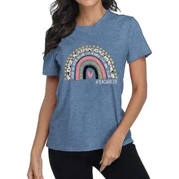 Women Teacher Life Shirt Cute Rainbow Leopard Graphic Casual Letter Print Athletic Tee Kindergarten Teachers Gift Inspirational Workout Short Sleeve Tops- M