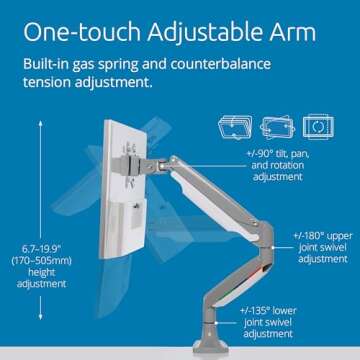 Kensington Single Monitor Arm with Vesa Mount, Adjustable Gas Spring Desk Monitor Mount, SmartFit® One-Touch C-Clamp Monitor Stand for Monitors Up to 34 Inches, 19.8lbs - Gray (K55470WW)