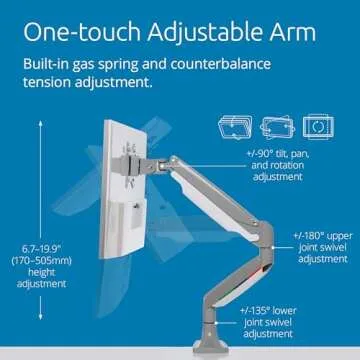 Kensington Single Monitor Arm with Vesa Mount, Adjustable Gas Spring Desk Monitor Mount, SmartFit® One-Touch C-Clamp Monitor Stand for Monitors Up to 34 Inches, 19.8lbs - Gray (K55470WW)