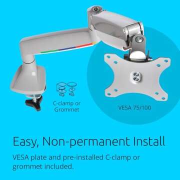 Kensington Single Monitor Arm with Vesa Mount, Adjustable Gas Spring Desk Monitor Mount, SmartFit® One-Touch C-Clamp Monitor Stand for Monitors Up to 34 Inches, 19.8lbs - Gray (K55470WW)