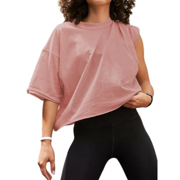 ELGOGY Women's Oversized Workout Crop Top - Flattering Summer Tee in Pale Blush