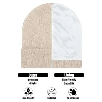 Winter Satin Lined Beanie Hat Silk Lined Beanies Cuffed Plain Skull Knitted Hat Spring Warm Cap for Women Men(Black, Beige, Caramel, Pink)