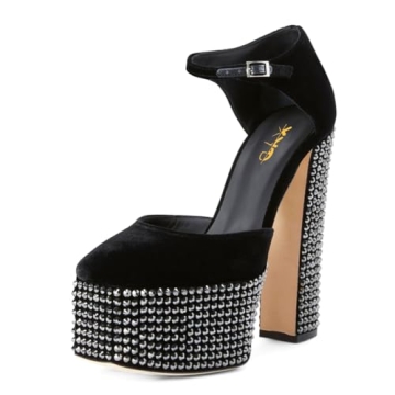 XYD Women's Rhinestone Pumps - Elegant Block Heel & Ankle Wrap for Nightclub & Events