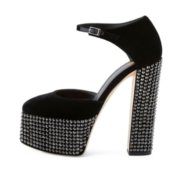 XYD Women's Rhinestone Pumps Elegant Block Heel Nightclub Shoes