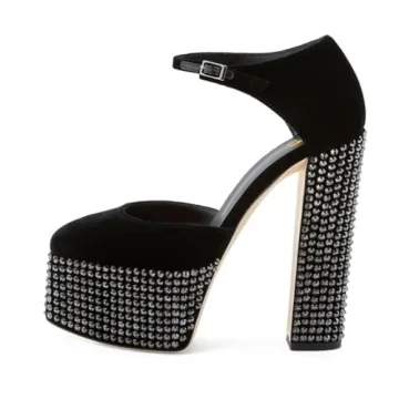 XYD Women's Rhinestone Pumps Elegant Block Heel Nightclub Shoes