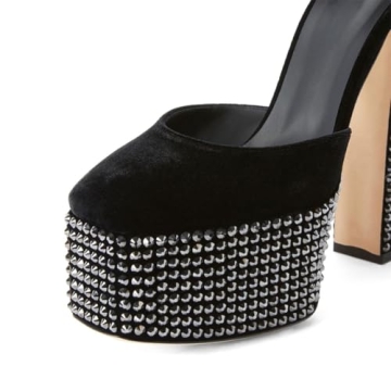 XYD Women's Rhinestone Pumps Elegant Block Heel Nightclub Shoes