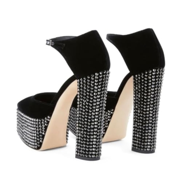 XYD Women's Rhinestone Pumps Elegant Block Heel Nightclub Shoes