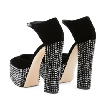 XYD Women's Rhinestone Pumps Elegant Block Heel Nightclub Shoes