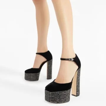 XYD Women's Rhinestone Pumps Elegant Block Heel Nightclub Shoes