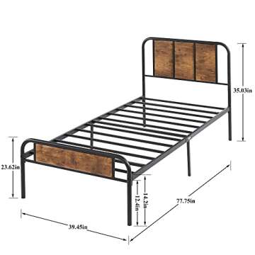 VECELO Bed Frame with Wooden Headboard Metal Slats, High Metal Platform Bed, No Box Spring Needed(Tw...