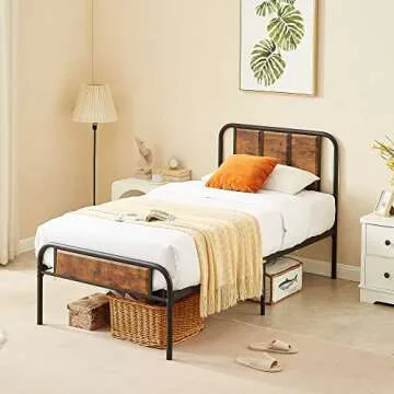 VECELO Twin Bed Frame with Wooden Headboard and Metal Slats
