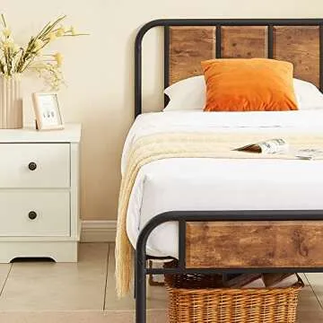 VECELO Twin Bed Frame with Wooden Headboard and Metal Slats