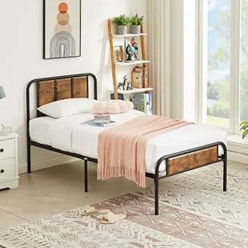 VECELO Twin Bed Frame with Wooden Headboard and Metal Slats