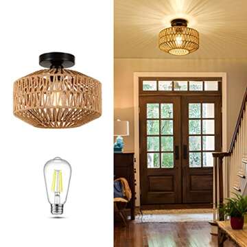 Jobtical Boho Light Fixtures Ceiling Mount,Mini Rattan Chandelier Light Fixture with Dimmable LED Bu...