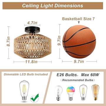Jobtical Boho Light Fixtures Ceiling Mount,Mini Rattan Chandelier Light Fixture with Dimmable LED Bulb,Hand Woven Ceiling Light Fixtures Flush Mount for Hallway Bedroom Kitchen Entryway Living Room