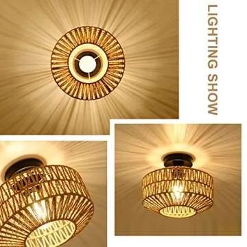 Jobtical Boho Light Fixtures Ceiling Mount,Mini Rattan Chandelier Light Fixture with Dimmable LED Bulb,Hand Woven Ceiling Light Fixtures Flush Mount for Hallway Bedroom Kitchen Entryway Living Room