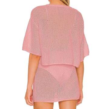 Jumppmile Women 2 Piece Swimsuit Cover Up Set Crochet V Neck 3/4 Sleeve Swimwear Cropped Top and Skirt Set Pink S