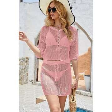 Jumppmile Women 2 Piece Swimsuit Cover Up Set Crochet V Neck 3/4 Sleeve Swimwear Cropped Top and Skirt Set Pink S
