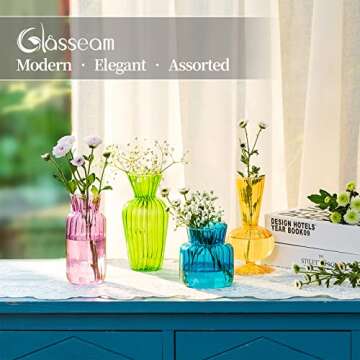 Modern Colored Glass Bud Vase Set: Glasseam 4Pcs Small Mini Flower Centerpieces Vases Handmade DecorativeCute Short Window Corner Home Decor for Wedding Reception Dining Table Single Rose Flowers