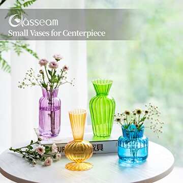 Modern Colored Glass Bud Vase Set: Glasseam 4Pcs Small Mini Flower Centerpieces Vases Handmade DecorativeCute Short Window Corner Home Decor for Wedding Reception Dining Table Single Rose Flowers