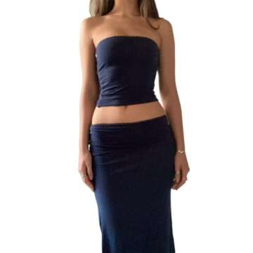 Women Y2K Skirt Set Outfits Strapless Crop Top Bodycon Midi Skirt Dress Sexy 2 Piece Knit Outfits Sk...