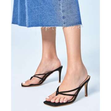 Coutgo Womens Heeled Sandals Strappy Square Toe Flip Flops Fashion Thong Slip on Stiletto Sandals, B...