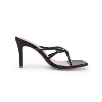 Coutgo Womens Heeled Sandals Strappy Square Toe Flip Flops Fashion Thong Slip on Stiletto Sandals, Black, Size 9
