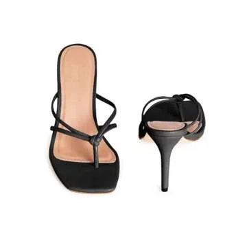 Coutgo Womens Heeled Sandals Strappy Square Toe Flip Flops Fashion Thong Slip on Stiletto Sandals, Black, Size 9