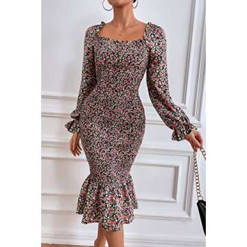 PRETTYGARDEN Women's Long Puff Sleeve Floral Midi Bodycon Dress - Chic Style for Every Occasion