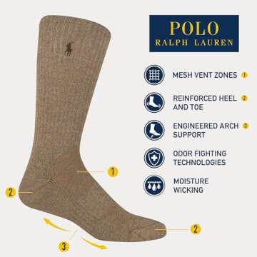 Polo Ralph Lauren Men's Athletic Performance Cotton Crew Socks-6 Pair Pack-Breathable Mesh & Sport M...