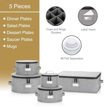 China Storage Set for Plates, Cups and Mugs - 5 pc set - Hard Shell and Stackable, Fully Padded Interior, 48 Plate Dividers Included