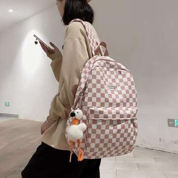 MININAI Y2K Aesthetic Checkered Backpack with Kawaii Pendant Checkerboard Backpack Cute Preppy Laptop Backpack Light Rucksack (One Size,Pink)