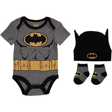 DC Comics Batman Baby Clothes 3-Piece Set with Bodysuit, Baby Hat, and Baby Socks - Batman Baby Gift...