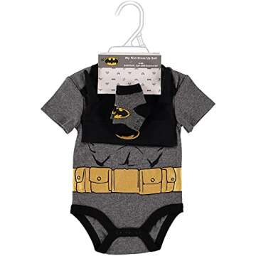 DC Comics Batman Baby Clothes 3-Piece Set with Bodysuit, Baby Hat, and Baby Socks - Batman Baby Gift Set (Black/Yellow, 6-9M)