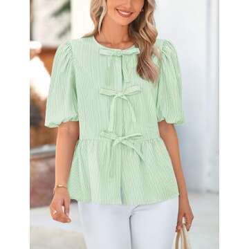 PRETTYGARDEN Women's Tie Front Striped Shirt 2025 Summer Trendy Fashion Cute Babydoll Tops Peplum Puffy Sleeve Blouse (Light Green,Small)