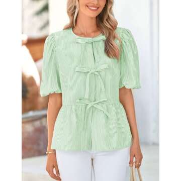 PRETTYGARDEN Women's Tie Front Striped Shirt 2025 Summer Trendy Fashion Cute Babydoll Tops Peplum Puffy Sleeve Blouse (Light Green,Small)