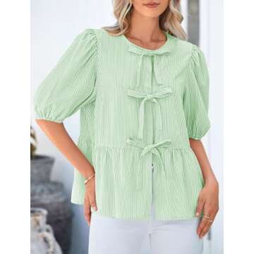 PRETTYGARDEN Women's Tie Front Striped Shirt 2025 Summer Trendy Fashion Cute Babydoll Tops Peplum Puffy Sleeve Blouse (Light Green,Small)