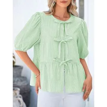 PRETTYGARDEN Women's Tie Front Striped Shirt 2025 Summer Trendy Fashion Cute Babydoll Tops Peplum Puffy Sleeve Blouse (Light Green,Small)