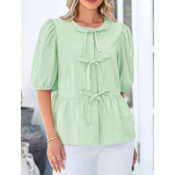 PRETTYGARDEN Women's Tie Front Striped Shirt 2025 Summer Trendy Fashion Cute Babydoll Tops Peplum Puffy Sleeve Blouse (Light Green,Small)