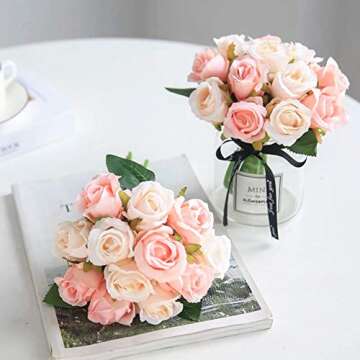 Jasion Artificial Roses Flowers 12 Heads Arrangement Silk Bouquet for Home Office Parties Bridal and Wedding Decoration (Pink with Champagne)