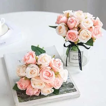 Jasion Artificial Roses Flowers 12 Heads Arrangement Silk Bouquet for Home Office Parties Bridal and Wedding Decoration (Pink with Champagne)