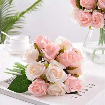Jasion Artificial Roses Flowers 12 Heads Arrangement Silk Bouquet for Home Office Parties Bridal and Wedding Decoration (Pink with Champagne)