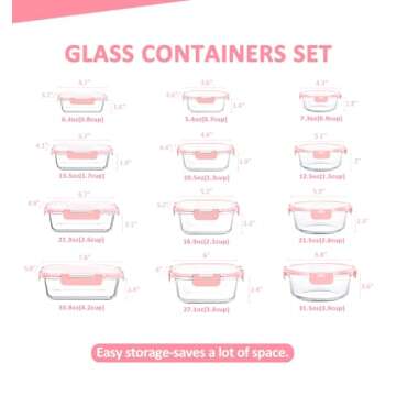 KOMUEE 24 Pieces Glass Food Storage Containers Set,Glass Meal Prep Containers-Stackable Airtight Gla...
