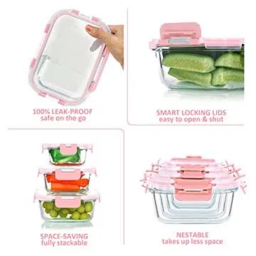 KOMUEE 24 Pieces Glass Food Storage Containers Set,Glass Meal Prep Containers-Stackable Airtight Glass Storage Containers with lids,Freezer, Microwave, Oven Safe,Pink