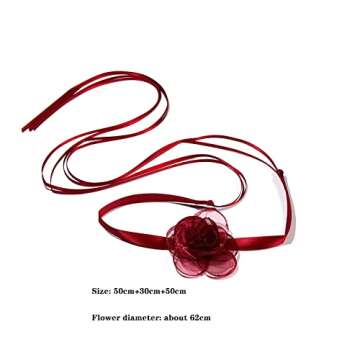 Pingyongchang Bohemian Lace Flower Collar Choker Necklace Soft White Flower Tie Cravat Necklace Wedding Jewelry Gift for Women (Long （black+red）)