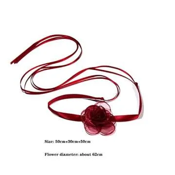 Pingyongchang Bohemian Lace Flower Collar Choker Necklace Soft White Flower Tie Cravat Necklace Wedding Jewelry Gift for Women (Long （black+red）)