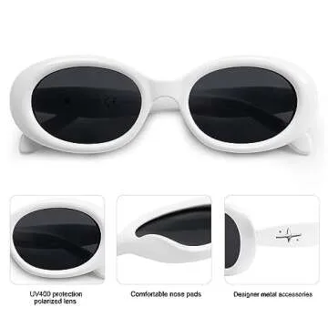 SOJOS Small Retro Oval Polarized Sunglasses for Women Men 90s Vintage Small Face UV400 Protection Tiny Sun Glasses SJ2286 White Frame Grey Lens