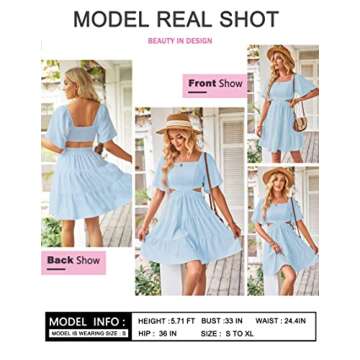 Women's Summer Dresses Square Neck Casual Short Sleeves Crossover Elastic Waist Party Mini Dress Blue S