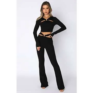 ZAFUL Women's Cut Out High Elastic Waist Long Pants Flare Leg Solid Wide Leg Trousers