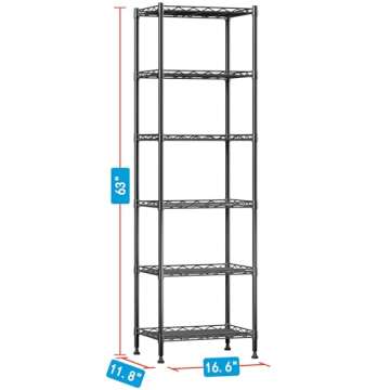 YOHKOH 6 Wire Shelving Steel Storage Rack Adjustable Unit Shelves for Laundry Bathroom Kitchen Pantry Closet 16.7" Width x 62" Height x 11.7" Depth, Black